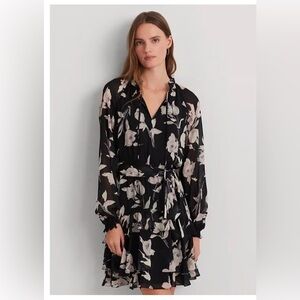 Lauren Ralph Lauren Black Label Black Floral Chiffon Dress Size 14